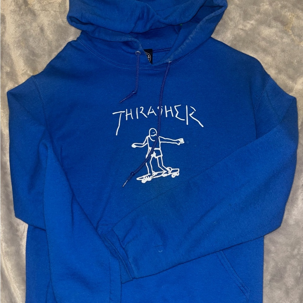 Thrasher Blue Hoodie with white writing
